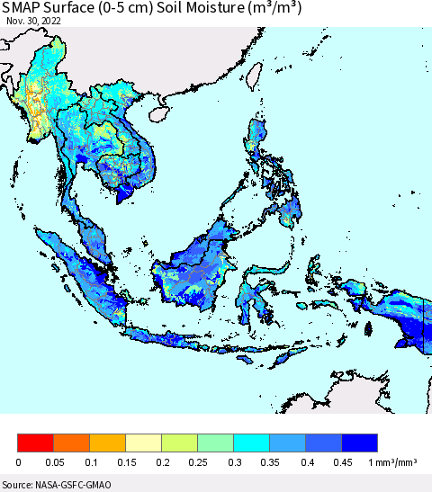 South East Asia SMAP Surface (0-5 cm) Soil Moisture (m³/m³) Thematic Map For 11/26/2022 - 11/30/2022