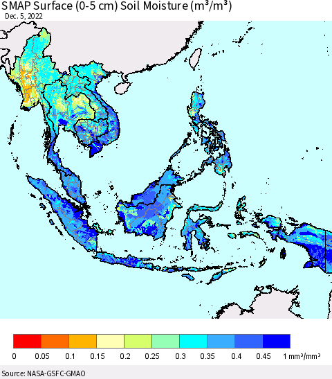 South East Asia SMAP Surface (0-5 cm) Soil Moisture (m³/m³) Thematic Map For 12/1/2022 - 12/5/2022