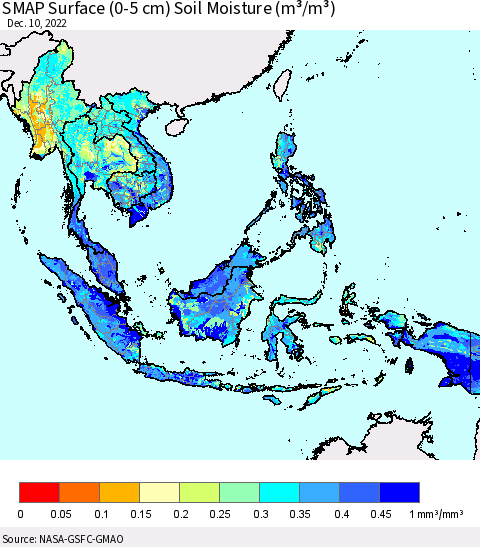 South East Asia SMAP Surface (0-5 cm) Soil Moisture (m³/m³) Thematic Map For 12/6/2022 - 12/10/2022