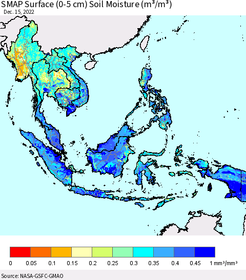 South East Asia SMAP Surface (0-5 cm) Soil Moisture (m³/m³) Thematic Map For 12/11/2022 - 12/15/2022