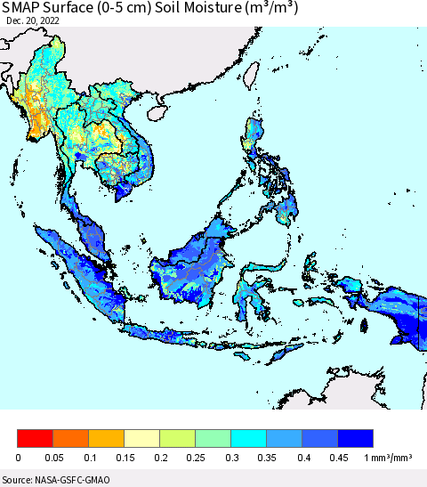 South East Asia SMAP Surface (0-5 cm) Soil Moisture (m³/m³) Thematic Map For 12/16/2022 - 12/20/2022