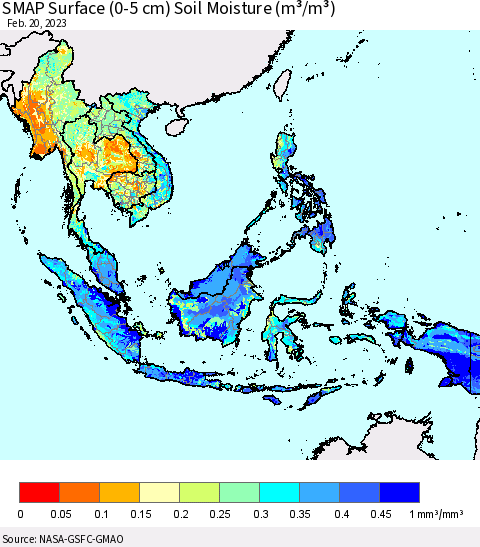 South East Asia SMAP Surface (0-5 cm) Soil Moisture (m³/m³) Thematic Map For 2/16/2023 - 2/20/2023