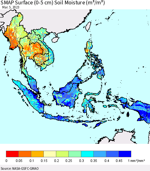 South East Asia SMAP Surface (0-5 cm) Soil Moisture (m³/m³) Thematic Map For 3/1/2023 - 3/5/2023