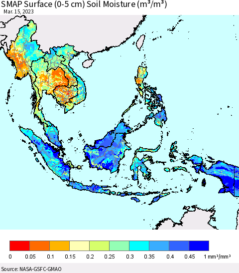 South East Asia SMAP Surface (0-5 cm) Soil Moisture (m³/m³) Thematic Map For 3/11/2023 - 3/15/2023