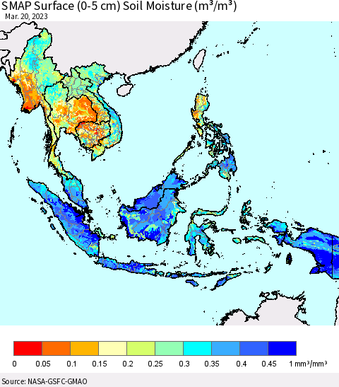 South East Asia SMAP Surface (0-5 cm) Soil Moisture (m³/m³) Thematic Map For 3/16/2023 - 3/20/2023