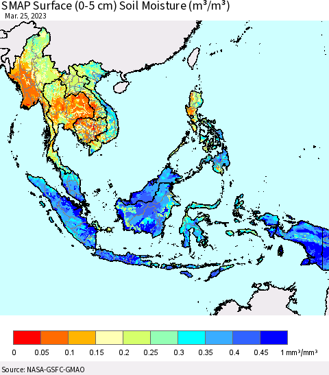 South East Asia SMAP Surface (0-5 cm) Soil Moisture (m³/m³) Thematic Map For 3/21/2023 - 3/25/2023