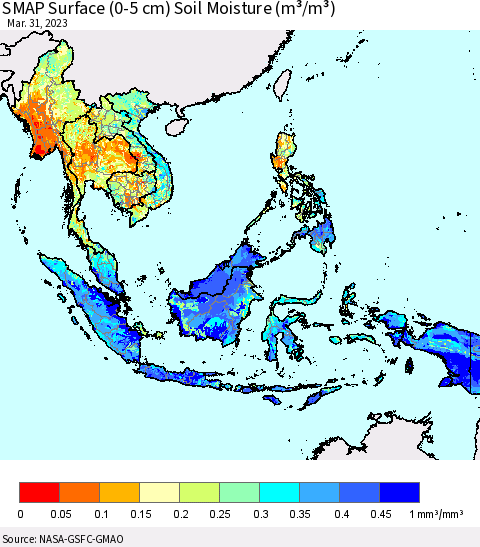 South East Asia SMAP Surface (0-5 cm) Soil Moisture (m³/m³) Thematic Map For 3/26/2023 - 3/31/2023