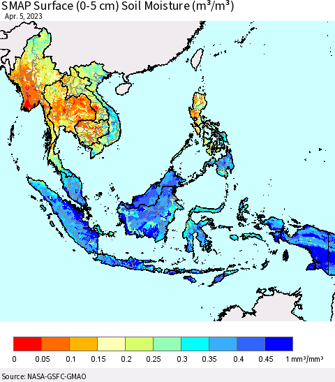 South East Asia SMAP Surface (0-5 cm) Soil Moisture (m³/m³) Thematic Map For 4/1/2023 - 4/5/2023