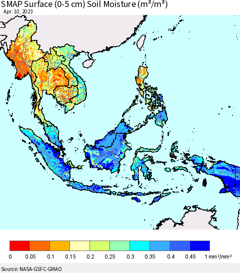 South East Asia SMAP Surface (0-5 cm) Soil Moisture (m³/m³) Thematic Map For 4/6/2023 - 4/10/2023