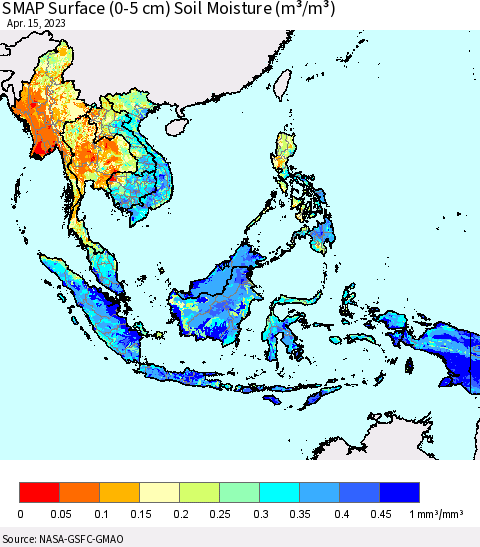 South East Asia SMAP Surface (0-5 cm) Soil Moisture (m³/m³) Thematic Map For 4/11/2023 - 4/15/2023