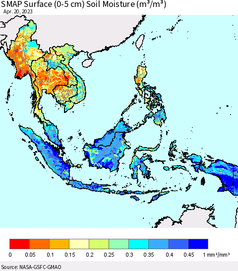 South East Asia SMAP Surface (0-5 cm) Soil Moisture (m³/m³) Thematic Map For 4/16/2023 - 4/20/2023