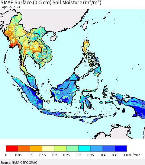 South East Asia SMAP Surface (0-5 cm) Soil Moisture (m³/m³) Thematic Map For 4/21/2023 - 4/25/2023