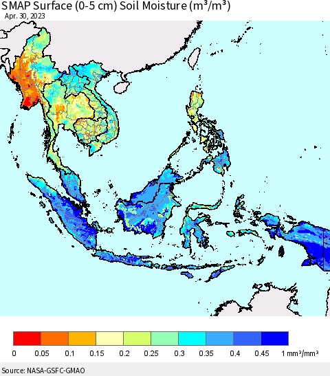 South East Asia SMAP Surface (0-5 cm) Soil Moisture (m³/m³) Thematic Map For 4/26/2023 - 4/30/2023
