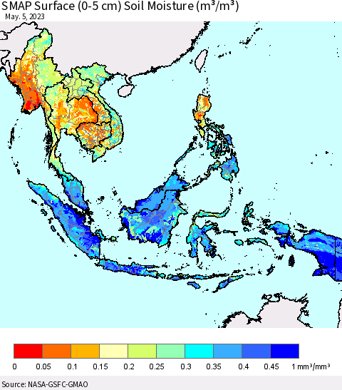 South East Asia SMAP Surface (0-5 cm) Soil Moisture (m³/m³) Thematic Map For 5/1/2023 - 5/5/2023