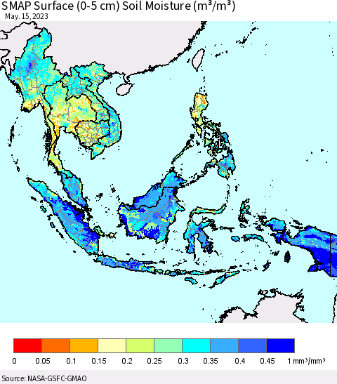 South East Asia SMAP Surface (0-5 cm) Soil Moisture (m³/m³) Thematic Map For 5/11/2023 - 5/15/2023