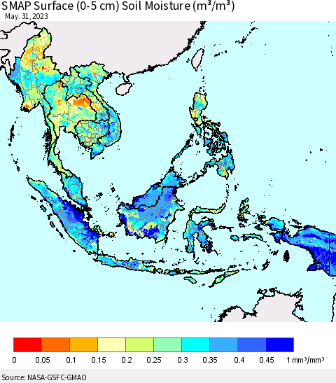 South East Asia SMAP Surface (0-5 cm) Soil Moisture (m³/m³) Thematic Map For 5/26/2023 - 5/31/2023
