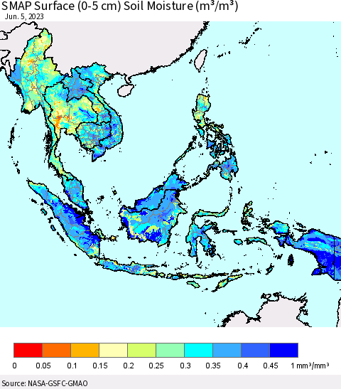 South East Asia SMAP Surface (0-5 cm) Soil Moisture (m³/m³) Thematic Map For 6/1/2023 - 6/5/2023