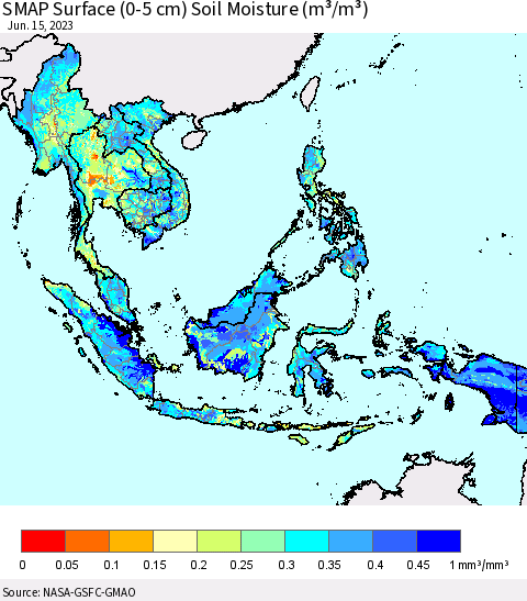 South East Asia SMAP Surface (0-5 cm) Soil Moisture (m³/m³) Thematic Map For 6/11/2023 - 6/15/2023