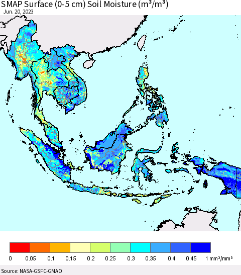 South East Asia SMAP Surface (0-5 cm) Soil Moisture (m³/m³) Thematic Map For 6/16/2023 - 6/20/2023