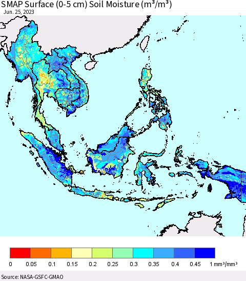 South East Asia SMAP Surface (0-5 cm) Soil Moisture (m³/m³) Thematic Map For 6/21/2023 - 6/25/2023