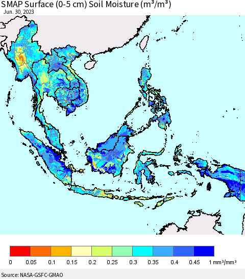 South East Asia SMAP Surface (0-5 cm) Soil Moisture (m³/m³) Thematic Map For 6/26/2023 - 6/30/2023