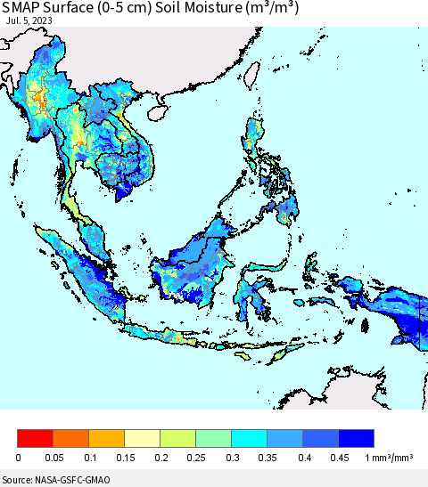 South East Asia SMAP Surface (0-5 cm) Soil Moisture (m³/m³) Thematic Map For 7/1/2023 - 7/5/2023