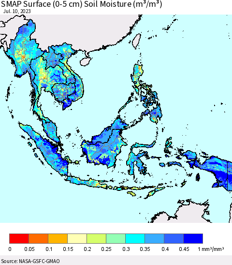 South East Asia SMAP Surface (0-5 cm) Soil Moisture (m³/m³) Thematic Map For 7/6/2023 - 7/10/2023
