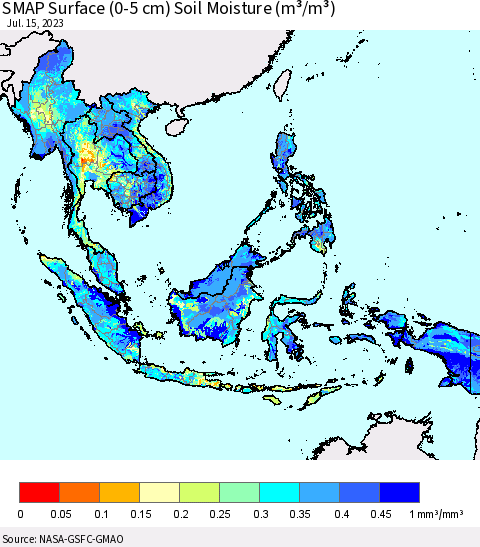 South East Asia SMAP Surface (0-5 cm) Soil Moisture (m³/m³) Thematic Map For 7/11/2023 - 7/15/2023