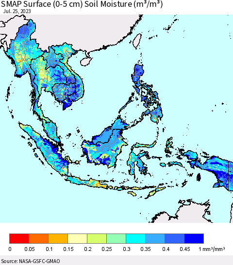 South East Asia SMAP Surface (0-5 cm) Soil Moisture (m³/m³) Thematic Map For 7/21/2023 - 7/25/2023
