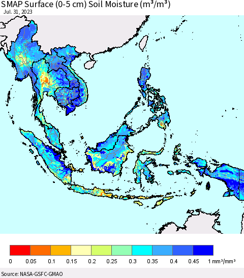 South East Asia SMAP Surface (0-5 cm) Soil Moisture (m³/m³) Thematic Map For 7/26/2023 - 7/31/2023