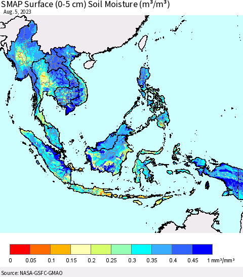 South East Asia SMAP Surface (0-5 cm) Soil Moisture (m³/m³) Thematic Map For 8/1/2023 - 8/5/2023