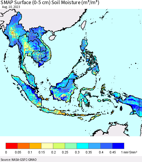 South East Asia SMAP Surface (0-5 cm) Soil Moisture (m³/m³) Thematic Map For 8/6/2023 - 8/10/2023