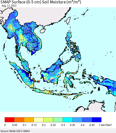 South East Asia SMAP Surface (0-5 cm) Soil Moisture (m³/m³) Thematic Map For 8/11/2023 - 8/15/2023