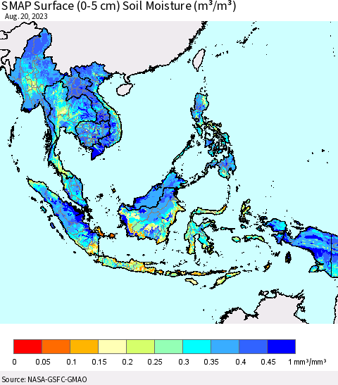 South East Asia SMAP Surface (0-5 cm) Soil Moisture (m³/m³) Thematic Map For 8/16/2023 - 8/20/2023