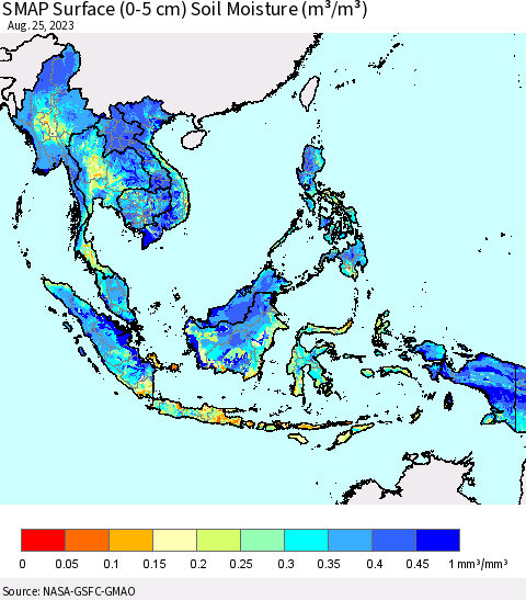 South East Asia SMAP Surface (0-5 cm) Soil Moisture (m³/m³) Thematic Map For 8/21/2023 - 8/25/2023
