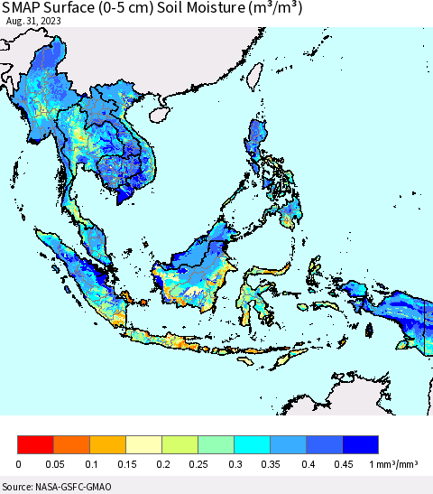 South East Asia SMAP Surface (0-5 cm) Soil Moisture (m³/m³) Thematic Map For 8/26/2023 - 8/31/2023