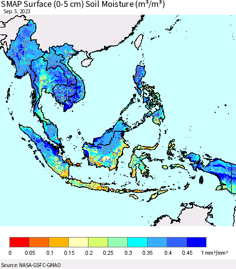 South East Asia SMAP Surface (0-5 cm) Soil Moisture (m³/m³) Thematic Map For 9/1/2023 - 9/5/2023