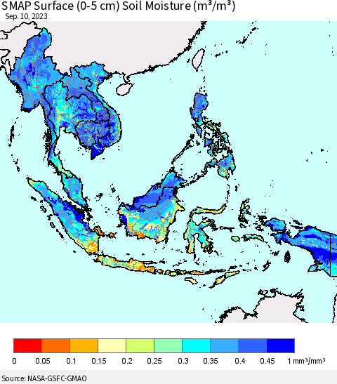 South East Asia SMAP Surface (0-5 cm) Soil Moisture (m³/m³) Thematic Map For 9/6/2023 - 9/10/2023