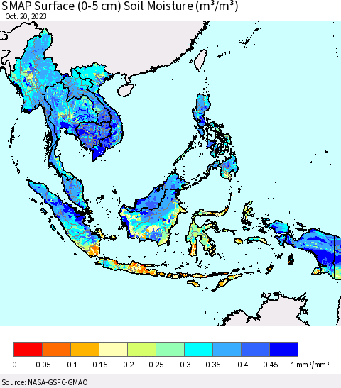 South East Asia SMAP Surface (0-5 cm) Soil Moisture (m³/m³) Thematic Map For 10/16/2023 - 10/20/2023