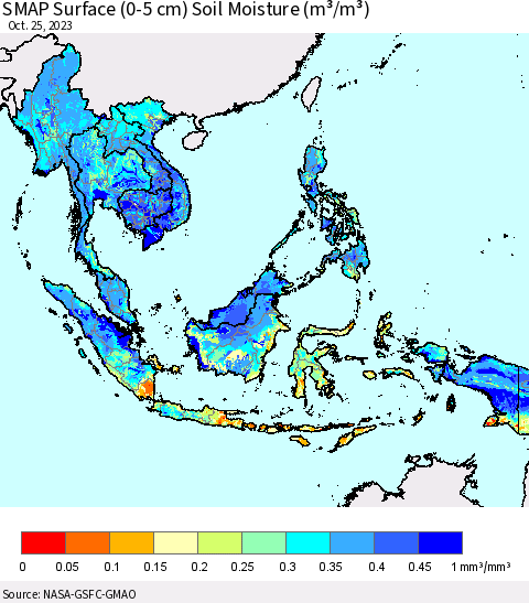 South East Asia SMAP Surface (0-5 cm) Soil Moisture (m³/m³) Thematic Map For 10/21/2023 - 10/25/2023