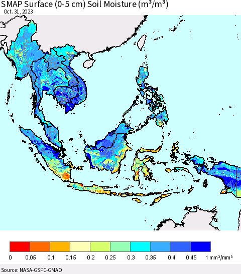 South East Asia SMAP Surface (0-5 cm) Soil Moisture (m³/m³) Thematic Map For 10/26/2023 - 10/31/2023