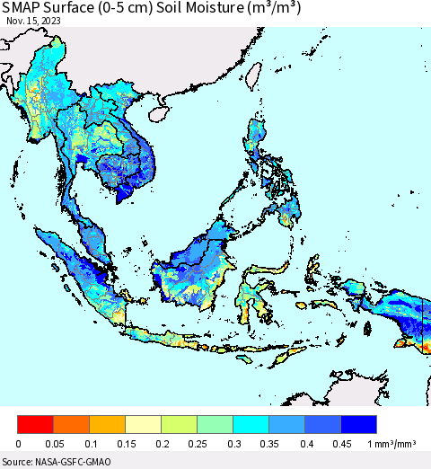 South East Asia SMAP Surface (0-5 cm) Soil Moisture (m³/m³) Thematic Map For 11/11/2023 - 11/15/2023