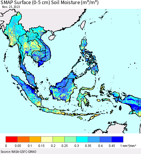 South East Asia SMAP Surface (0-5 cm) Soil Moisture (m³/m³) Thematic Map For 11/21/2023 - 11/25/2023