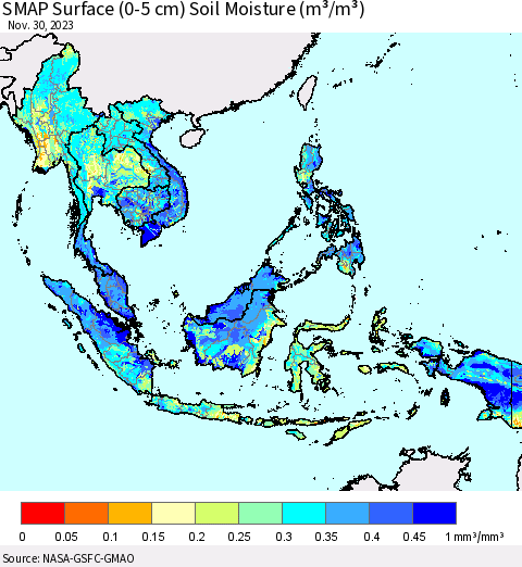 South East Asia SMAP Surface (0-5 cm) Soil Moisture (m³/m³) Thematic Map For 11/26/2023 - 11/30/2023