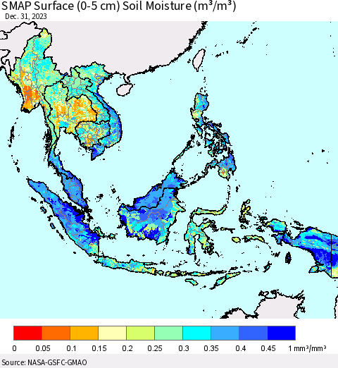 South East Asia SMAP Surface (0-5 cm) Soil Moisture (m³/m³) Thematic Map For 12/26/2023 - 12/31/2023