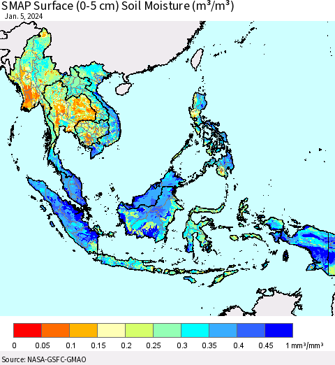 South East Asia SMAP Surface (0-5 cm) Soil Moisture (m³/m³) Thematic Map For 1/1/2024 - 1/5/2024