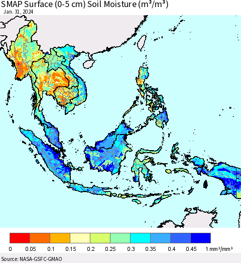 South East Asia SMAP Surface (0-5 cm) Soil Moisture (m³/m³) Thematic Map For 1/26/2024 - 1/31/2024