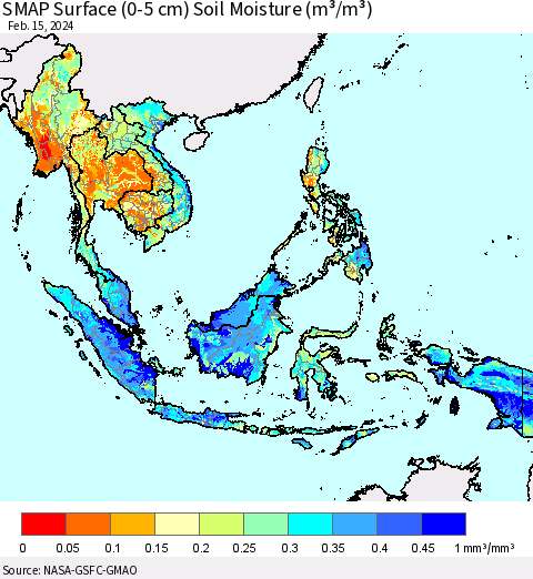 South East Asia SMAP Surface (0-5 cm) Soil Moisture (m³/m³) Thematic Map For 2/11/2024 - 2/15/2024
