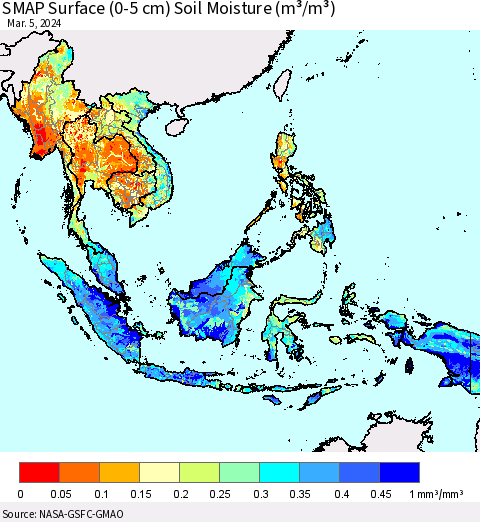 South East Asia SMAP Surface (0-5 cm) Soil Moisture (m³/m³) Thematic Map For 3/1/2024 - 3/5/2024