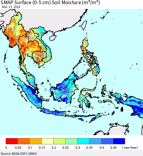 South East Asia SMAP Surface (0-5 cm) Soil Moisture (m³/m³) Thematic Map For 3/11/2024 - 3/15/2024